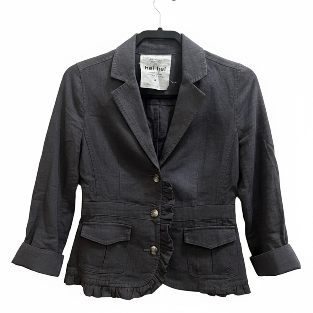 Anthropologie Charcoal Gray Ruffle-Trim Cotton Blazer